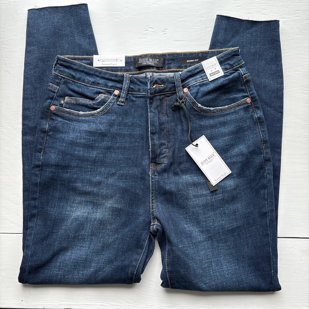 Judy Blue Womens Jeans 11/30 Dark Wash Blue High Rise Skinny Fit‎ Raw Hem NWT - Picture 4 of 15